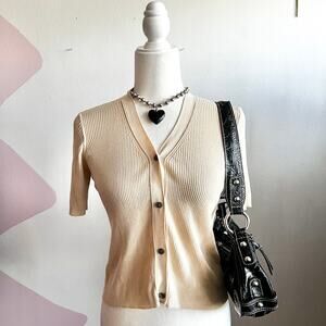 Brown Ribbed Button Up Top Y2K 2000s Retro Indie Minimalist‎ Soft Girl Medium